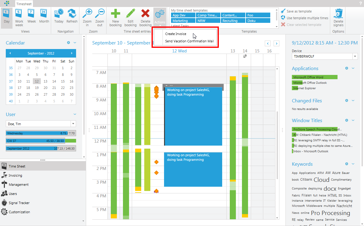 Time sheet calendar actions